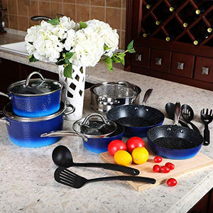 Kitchen Academy 15 Piece Nonstick Granite-Coated Cookware Set Suitable for All Stove Including, Dishwasher Safe - Blue
