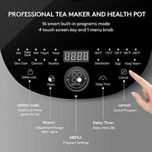 ICOOKPOT Electric Kettle Temperature Control Glass Tea Kettle Programmable Control Tea Pot, 2 Liter Stainless Steel Tea Maker & Coffee Kettle with Tea Infuser, Egg Cooker and Yogurt Box, BLACK