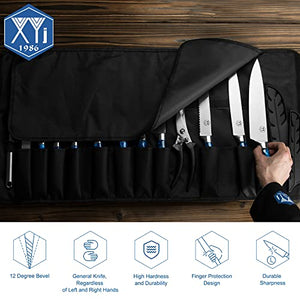 Authentic XYJ Since1986,Professional Knife Sets for Master Chefs,Chef Knife Set with Bag,Case, Scissors,Culinary Kitchen Butcher Knives,Cooking Cutting,Damascus Laser Pattern,Stainless Steel (Blue)
