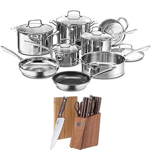 Cuisinart 89-13 Professional Series 13-Piece Cookware Set - Stainless Steel Bundle with Deco Chef 16 Piece Kitchen Knife Set with Wedge Handles, Shears, Block, and Cutting Board