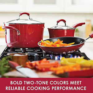 Rachael Ray Brights Nonstick Cookware Set / Pots and Pans Set - 14 Piece, Red Gradient