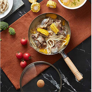 Multifunctional Traditional Japanese Saucepan with Wooden Handle and Glass Cover, 430 Stainless Steel, Large Capacity Both Sides Pour Dent Design