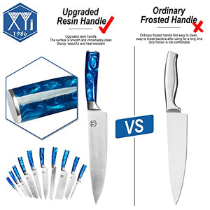 Authentic XYJ Since1986,Professional Knife Sets for Master Chefs,Chef Knife Set with Bag,Case, Scissors,Culinary Kitchen Butcher Knives,Cooking Cutting,Damascus Laser Pattern,Stainless Steel (Blue)