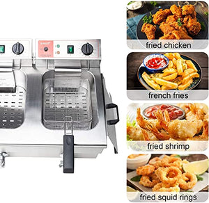 Valgus Dual Tanks Electric Deep Fryer 1750W 120V 24L Large Capacity Stainless Steel Countertop Kitchen Frying Machine with Basket & Lid, Drain System for Restaurants Commercial Uses
