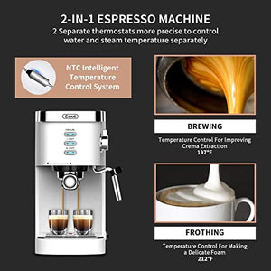 Gevi Espresso Machine 20 Bar Fast Heating Automatic White Espresso Machine with Milk Frother Cappuccino Maker for Espresso, Latte, Macchiato, 1.2L Water Tank, 1350W, White
