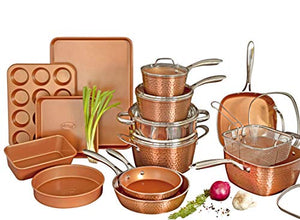 Gotham Steel Hammered Copper Collection – 20 Piece Premium Cookware & Bakeware Set with Nonstick Copper Coating, Includes Skillets, Stock Pots, Deep Square Fry Basket, Cookie Sheet and Baking Pans