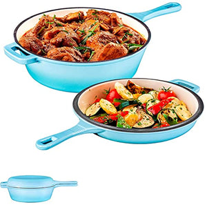 Enameled 2-In-1 Cast Iron Multi-Cooker – Heavy Duty Skillet and Lid Set, Versatile Non-Stick Kitchen Cookware, Use As Dutch Oven Or Frying Pan, 3 Quart, Blue