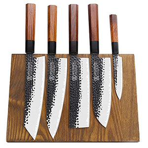WILDMOK Knife Block Set with Ash Wood Magnetic Knife Block Holder 3 Layers 9Cr18MoV Clad Steel, 6 Pieces Forged Gyuto Knife Set with Octagonal Handle - Jiao Series