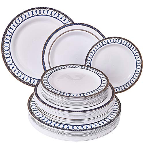 DISPOSABLE DINNERWARE SET | Heavy Duty Plastic Dishes | Elegant Fine China Look | Includes: 80 Dinner Plates, 80 Salad Plates and 80 Dessert Plates | Renaissance Collection – Royal Blue