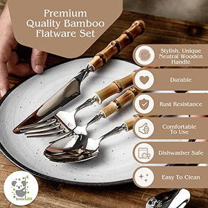 Bamboo Silverware Set, Natural Bamboo Utensils Cutlery, Hand Crafted Bamboo Flatware Set, Handmade With Love By KoalaLove! (8 Sets, 48 Cutlery Pieces, Silver)