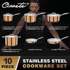 Ciwete Copper Tri-ply Cookware Set 10Pc & Stainless Steel Pots and Pans11Pc