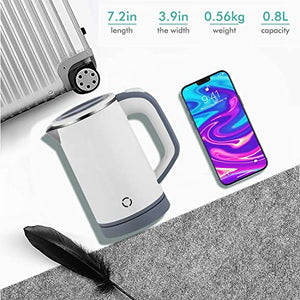 Mini Electric Kettle, 0.8L Portable Travel Electric Tea Kettle Stainless Steel Kettle Double Layer Hot Water Kettle Cordless BPA-Free, 600 W Boil-Dry Protection Boiler and Tea Heater (white)