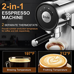 ILAVIE Espresso Coffee Machine with Steamer, 20 Bar Espresso Maker with Milk Frother Steam Wand, Espresso and Cappuccino Maker, Easy to Use at Home, 1250W, Stainless steel