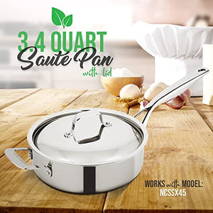 3.4-quart Saute Pan with Lid - PFOA/PFOS Free Stainless Steel Stain-Resistant Pan Kitchen Cookware w/ Satin Interior, Polished Exterior, Hollowed Cast Handles - Works w/ Model NCSSX45