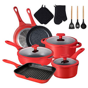 Kitchen Cookware Sets, imarku 16-Piece Granite Coating Nonstick Pots and Pans Set Induction Cookware Sets with Cooking Pot and Pan Set Scratch Resistant, Red