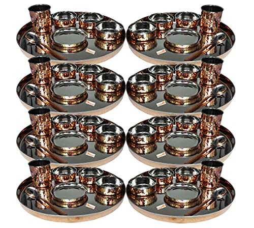Pack Of 8 Set Stainless Steel Copper Traditional Dinnerware Set Of Thali Plate, Bowls, Glass And Spoon, Diameter 13-Inch