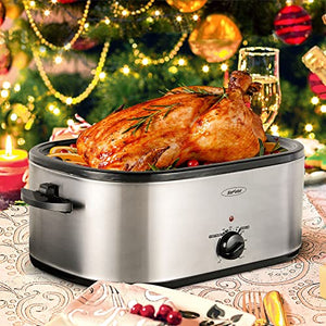 24lb 20-Quart Roaster Oven with Self-Basting Lid, Sunvivi electric roaster with Removable Pan & Rack, 150-450°F Full-Range Temperature Control with Defrost/Warm Function, Stainless Steel, Silver