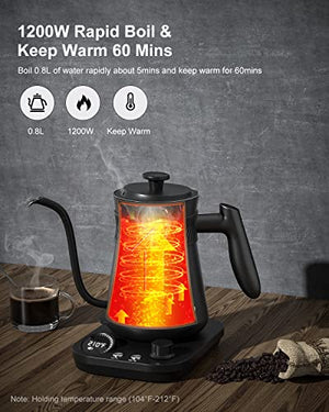 Electric Gooseneck Kettle Temperature Control, DINERO Tea Kettle & Pour Over Kettle with LED Screen, 0.8L, 1200W, 1Hr Temp Holding, Stainless Steel Inner, Built-in Stopwatch