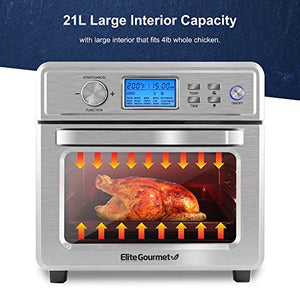 Elite Gourmet EAF8190D Digital Programmable Fryer Oven, Oil-Less Convection Oven Extra Large 22 Quart Capacity, Fits 12" pizza, Grill, Bake, Roast, Air Fry, 1700-Watts, Stainless Steel