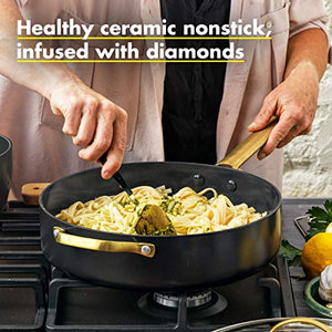 GreenPan Reserve Hard Anodized Healthy Ceramic Nonstick 4.5QT Saute Pan Jumbo Cooker with Helper Handle and Lid, Gold Handle, PFAS-Free, Dishwasher Safe, Oven Safe, Black