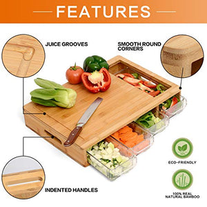 NOONCHIHOME 100 Percent Bamboo Cutting Board with 4 Sliding Drawer Trays and lips. Complete Set for Kitchen, Large 17.22 x 12.15 x 3.05 inches with Handles. Lightweight, Easy to Clean