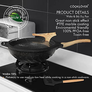 Non-stick induction cookware set -pack -15-White & 12.6inch Non-stick induction wok pan with cooking utensils - Black