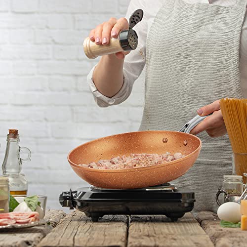 HLAFRG 12 inch Nonstick Frying Pan with Lid, Brown Marble Skillet with Stone-Derived Coating, APEO & PFOA Free, with Heat-Resistant Handle, Oven