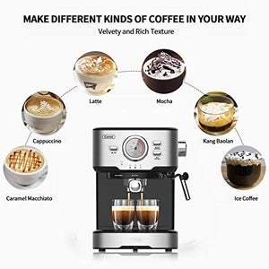 Barsetto Espresso Machines 15 Bar Cappuccino Machine with Adjustable Milk Frother for Espresso, Latte and Mocha, 1.5L Removable Water Tank and Double Temperature Control System, Black, 1100W