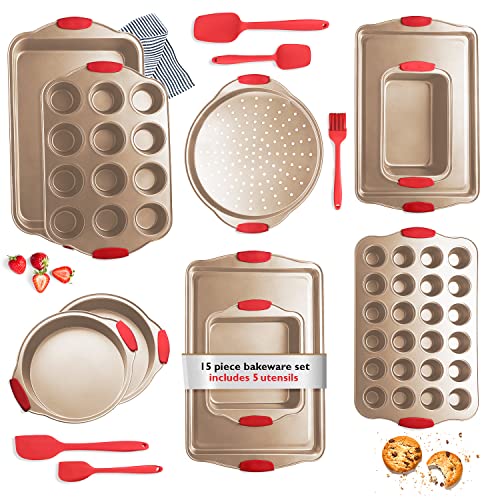 Eatex Nonstick Bakeware Sets with Baking Pans Set, 15 Piece Baking Set with Muffin Pan, Cake Pan & Cookie Sheets for Baking Nonstick Set, Steel Baking Sheets for Oven with Kitchen Utensils Set - Brown