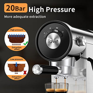 ILAVIE Espresso Coffee Machine with Steamer, 20 Bar Espresso Maker with Milk Frother Steam Wand, Espresso and Cappuccino Maker, Easy to Use at Home, 1250W, Stainless steel