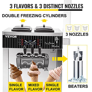 VEVOR Commercial Soft Ice Cream Machine, 2200W Serve Yogurt Maker, 3 Flavors Ice Cream Maker, 5.3 to 7.4 Gallons per Hour Auto Clean LCD Panel for Restaurants Snack Bars, Stainless Steel