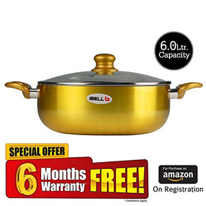iBELL CS28C Ceramic Casserole 6.0 litres with Glass Lid, Induction & Gas Compatible Cookware, 2.5mm Thickness, 3 Layer Ceramic Interior, Golden Finish