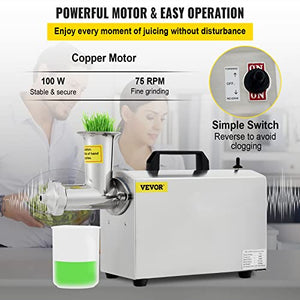 VEVOR Commercial Wheatgrass Juicing Machine, 80% Juice Yield, Slow Masticating Juicer Extractor with 100W 75RPM Quiet Motor, Stainless Steel Portable Cold Press with Reverse Function Pusher Cup Brush