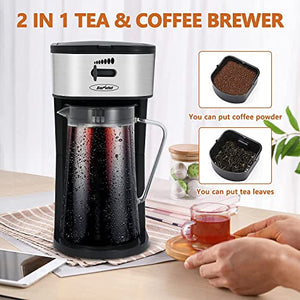 Iced Tea Maker (Upgrade) with 3 Quart Fruit Infusion Flavor Glass Pitcher, Ice Tea Maker & Coffee Brewing System with Strength Selector, Loose Tea Filter, Brew Basket, Perfect For Customized Fruit Tea