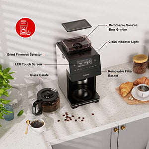 Galanz 2-in-1 Grind and Brew Coffee Maker with Adjustable Grind Size, Digital LED Touch Screen, Removable Coffee Filter Basket, Clean Indicator Light, 1000W, 12-Cup, Stainless Steel