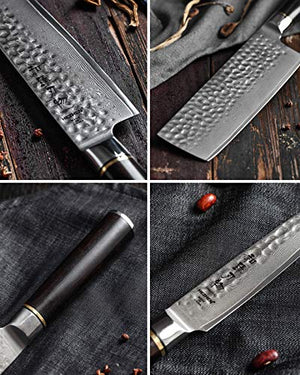 HEZHEN Damascus Steel 7pcs Kitchen Knives Block Set, Multifunctional Kitchen Shears, Professional forging Chef Knife Santoku Nakiri Utility Fruit, Ergonomic Ebony Handle -Classic Series