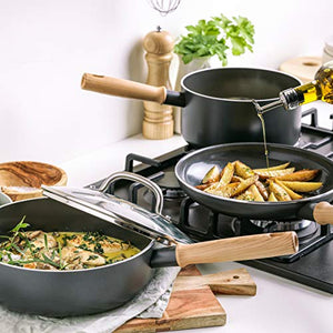 GreenPan Hudson Healthy Ceramic Nonstick, 4 Piece Cookware Pots and Pans Set, Wood Inspired Handle, PFAS-Free, Dishwasher Safe, Black