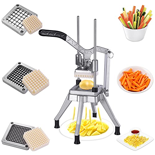 French Fry Cutter,Commercial Restaurant French Fry Cutter Stainless Steel Food Grade Upright French Fries Cutter For Potato,Radish,Cucumber,Carrots (3 Pieces Blades, Sliver)
