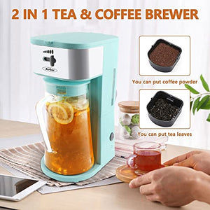 Iced Tea Maker, Sunvivi Ice Tea Maker with 3 Quart Thickened Glass Pitcher, Tea Maker with Infusion Tube, Perfect For Customized Fruit Tea, Iced Coffee Brewer with Strength Selector, One-touch Control Button with Illumination, 120V, Turquoise
