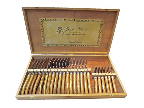 Laguiole France, Jean Neron Set of 24 Flatware with Olive Wood Handles, 6 Forks, 6 Knives, 6 Teaspoons and 6 Tablespoons. In Wooden Gift Box