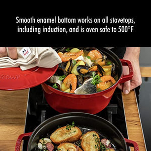 STAUB Cast Iron Set 4-pc, Stackable Space-Saving Cookware Set, Dutch Oven, Cast Iron Skillet, Cast Iron Grill Pan with Universal Lid, Made in France, Cherry