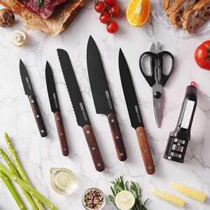 OOU Kitchen Knife Block Set - 8 Pieces High Carbon Stainless Steel Kitchen Knife Sets, Anti-Rust Black Knife Set with Ebony Wood Block