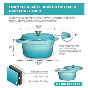 Bruntmor, Enameled Cast Iron Dutch Oven Casserole Dish 6.5 quart Large Loop Handles & Self-Basting Condensation Ridges On Lid (Turquoise)
