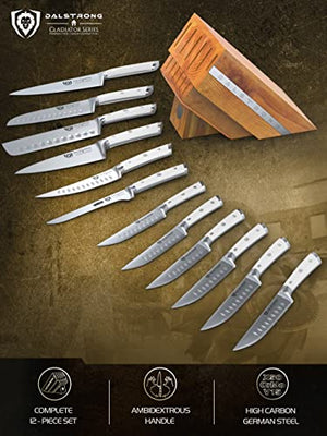 DALSTRONG 12 Piece Knife Block Set - Gladiator Series - White Handles - German HC Steel - Hand-made Manchurian Ash Wood Block - NSF Certified
