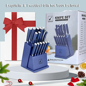 imarku Knife Set, 16-Piece Kitchen Knife Set with Block, German Stainless Steel Knife Sets for Kitchen with Sharpener & 6 Steak Knife Set, Ultra Sharp Cutlery Gift Sets, Blue