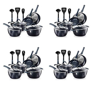 NutriChef Nonstick Ceramic Cooking Kitchen Cookware Pots and Pan Set with Lids and Utensils, 11 Piece Set, Blue Diamond (4 Pack)