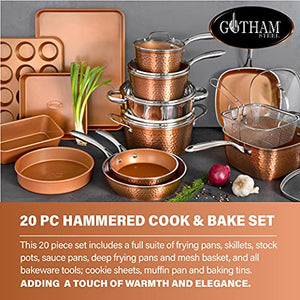 Gotham Steel Hammered Copper Collection – 20 Piece Premium Cookware & Bakeware Set with Nonstick Copper Coating, Includes Skillets, Stock Pots, Deep Square Fry Basket, Cookie Sheet and Baking Pans