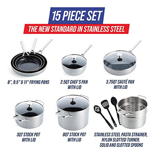 Blue Diamond Cookware Tri-Ply Stainless Steel Ceramic Nonstick, 15 Piece Cookware Pots and Pans Set, PFAS-Free, Multi Clad, Induction, Dishwasher Safe, Oven Safe, Silver