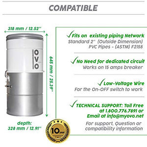 OVO AW Large and Powerful Central Vacuum System, Hybrid Filtration (with or Without Disposable Bags) 25L or 6.6 Gal, 700 Air watts and 40 ft Deluxe Accessory Kit Included, White and Silver