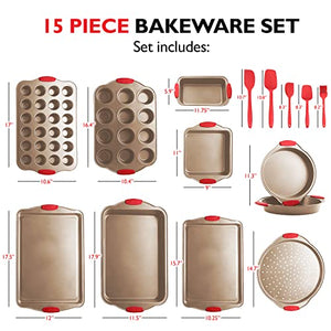 Eatex Nonstick Bakeware Sets with Baking Pans Set, 15 Piece Baking Set with Muffin Pan, Cake Pan & Cookie Sheets for Baking Nonstick Set, Steel Baking Sheets for Oven with Kitchen Utensils Set - Brown
